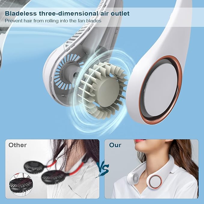 CIVPOWER Neck Fan: Portable Personal Neck Cooling Rechargeable Bladeless Fan - Hands Free 3 Speed 4000 mAh Battery USB Operated Wearable Headphone Design - for Men Women Outdoor Indoor (White)