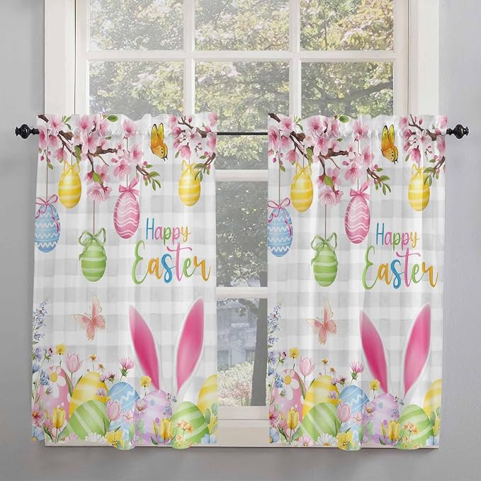 Happy Easter Tier Curtains 45 Inches Long, Spring Watercolor Bunny Eggs Flower - Image 2