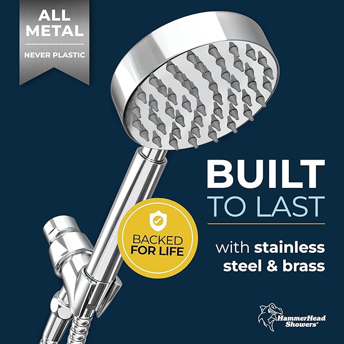 HammerHead Showers® Solid Metal Handheld Shower Head with Hose and Brass Holder - CHROME - 2.5 GPM High Pressure Shower Heads with Adjustable Shower Wand Bracket - 6ft Flexible Extension
