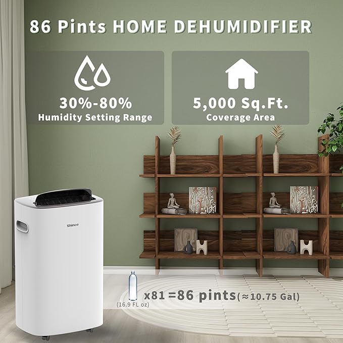 Shinco 86 Pints Dehumidifier for Home and Basements, 5000 Sq.Ft Dehumidifiers with Drain Hose, Auto or Manual Drainage, Auto Defrost, Quietly Remove Moisture, Intelligent Humidity Control, 24HR Timer
