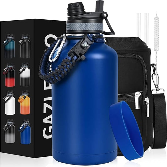 Insulated Water Bottle 64 oz, Half Gallon Water Jug Cold 48H, BPA Free Stainless Steel Bottles with Straw/Chug 2-in-1 Lid, Bag, Paracord Handle, Silicone Boot, Sports Gym School Metal Flask-FlexoryFit