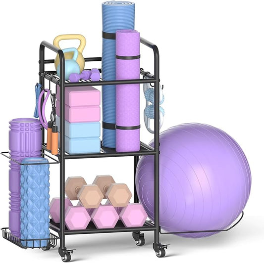 Home Gym Storage Rack Exercise Equipment Storage Organizer for Yoga Mat Dumbbells Kettlebells Foam Roller Yoga Strap & Resistance Bands, Ideal Yoga Mat Holder & Workout Equipment Organizer-FlexoryFit