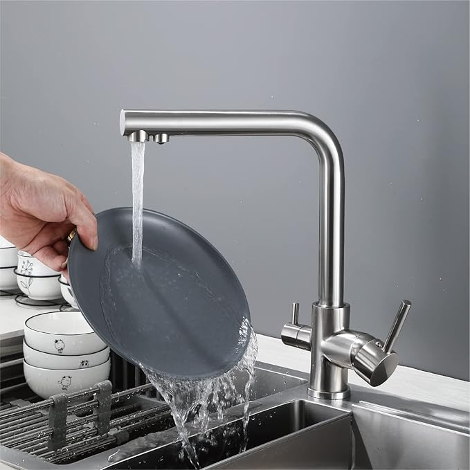 HUAHUALALA Kitchen Sink Faucet with 2 Handle 3 in 1 Water Filter Purifier Swivel Faucets, Brass Drinking Water Faucet Reverse Osmosis Faucet,Brushed Nickel