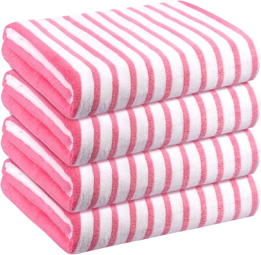 JML Microfiber Beach Towels, Bath Towel Set (4 Pack, 27" x 55") - Extra Large, Soft, Absorbent, Fast Drying, Multipurpose for Hair, Bathroom, Swimming, Fitness, Sport, Yoga -Stripe Pink-FlexoryFit