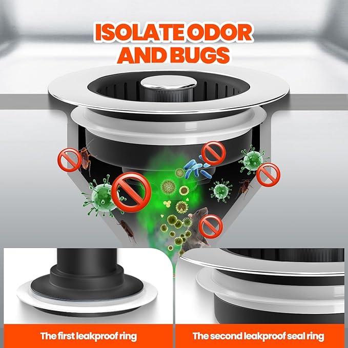 3 in 1 Kitchen Sink Drain Strainer & Sink Stopper, Upgraded Stainless Steel Drain Plug Combo with Anti-Clog Basket, Pop Up Drain Cover for Standard 3-1/2'',Garbage Disposal Parts