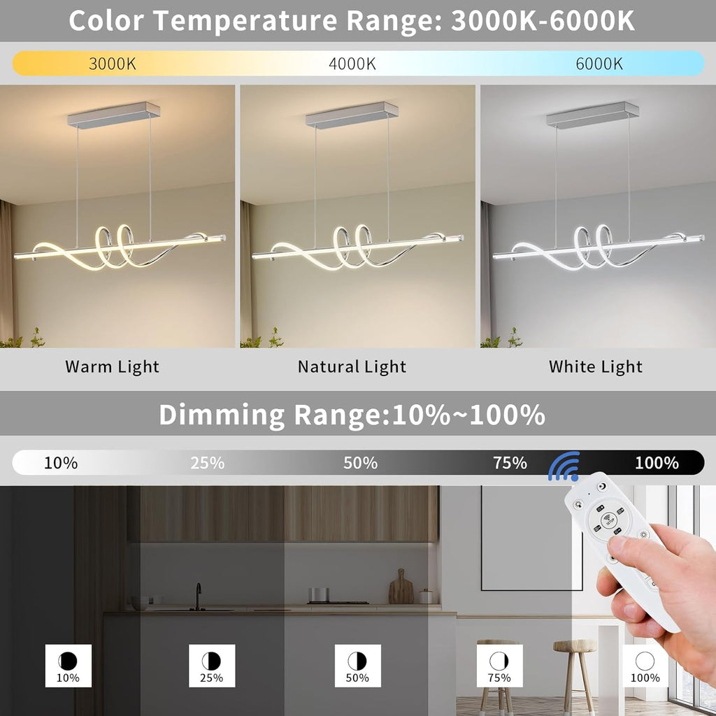 Modern LED Pendent Lights Kitchen Island,3000k-6000K Adjustable Color Dining Room Light Fixture,Dimmable with Remote Control Aluminum for Kitchen, Living, Dining,Bedroom(47in Chrome Silver