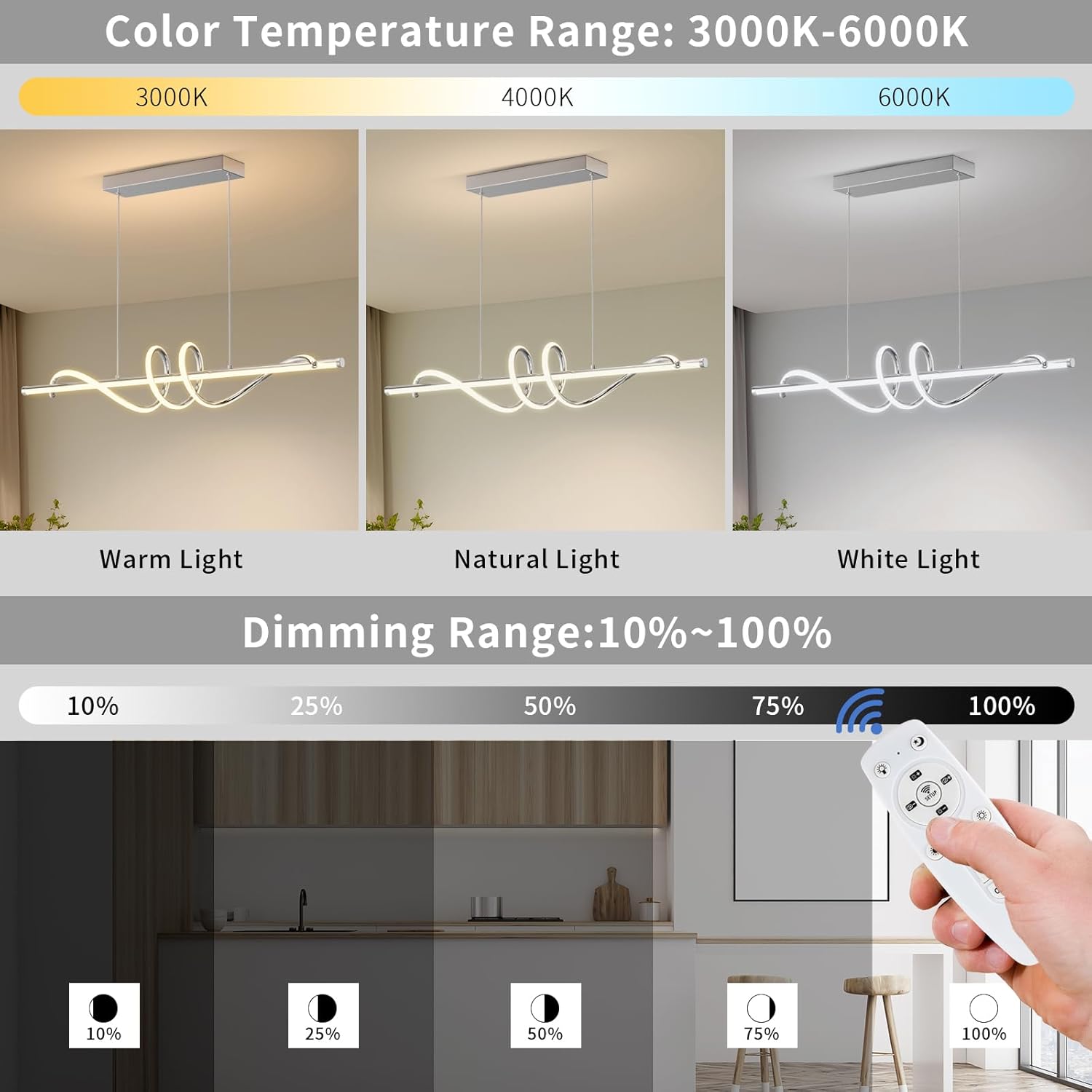 Modern LED Pendent Lights Kitchen Island,3000k-6000K Adjustable Color Dining Room Light Fixture,Dimmable with Remote Control Aluminum for Kitchen, Living, Dining,Bedroom(47in Chrome Silver