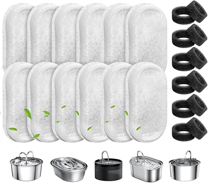 Cat Water Fountain Filters, 12 Pack Pet Replacement Filters with 12 Sponges for Stainless Steel 67oz/2L, 108oz/3.2L and 135oz/4.0L Faucet-Shaped Pet Water Fountain Dog Water Dispenser
