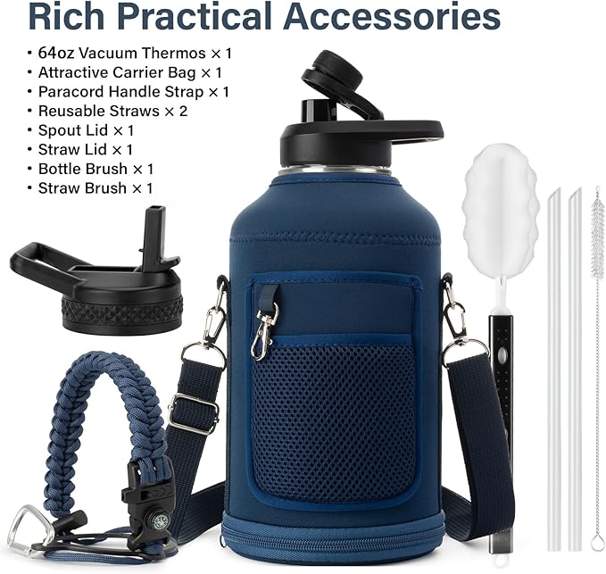 Insulated Water Bottle | Thickened Stainless Steel Vacuum Metal | Portable Sports Half Gallon Large Water Jug for Gym and Hiking with Straw, Carrier Bag, Handle Strap | BPA-Free 64 oz-FlexoryFit