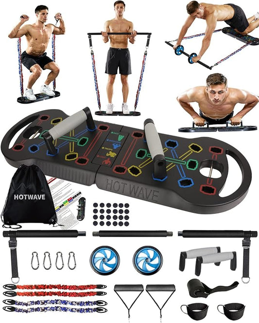 HOTWAVE Portable Exercise Equipment with 16 Gym Accessories.20 in 1 Push Up Board Fitness,Resistance Bands with Ab Roller Wheel,Full Body Workout at Home-FlexoryFit