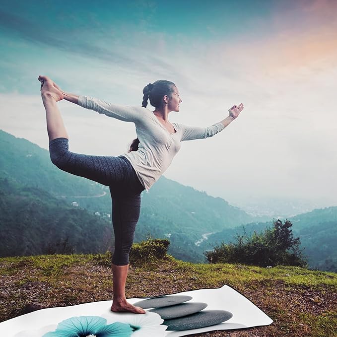 QiyI Yoga Towel with Travel Bag, Microfiber Mat-Sized Hot Yoga Towels, Non Slip Blanket with Corner Pockets, Quick Dry Mat Towel for Bikram, Pilates, Fitness - 70"x26", Pebbles & Blue White Flowers-FlexoryFit