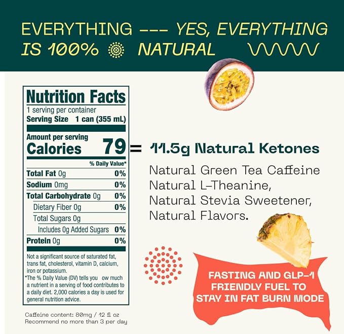 KEY Ketone Energy Drink : Sugar Free, 80mg Low Caffeine, All Natural, 11.5g Ketones, Long Lasting Energy, Green Tea & L-Theanine for Mental Focus, Pineapple Passionfruit (Pack of 12)-FlexoryFit