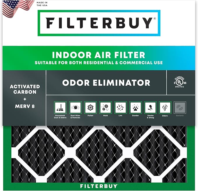Filterbuy 18x18x1 Air Filter MERV 8 Odor Eliminator (1-Pack), Pleated HVAC AC Furnace Air Filters Replacement with Activated Carbon (Actual Size: 17.75 x 17.75 x 0.75 Inches)