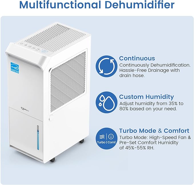 3,500 Sq.Ft Most Efficient Energy Star 2024 Dehumidifier, Vellgoo Max 60 Pint/D (Standard 35 Pint/D) Compressor Dehumidifier with Drain Hose, Intelligent Humidity Control for Basement, Home, Bedroom