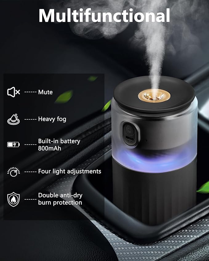 OATSBASF Portable Mini Humidifier, Small Cool Mist Car Humidifier with Night Light, 28dB Quiet Cool Mist Air Humidifier for Bedroom, Office, Plants, Dorm, 2 Mist Modes, Easy to Fill and Clean (Black)