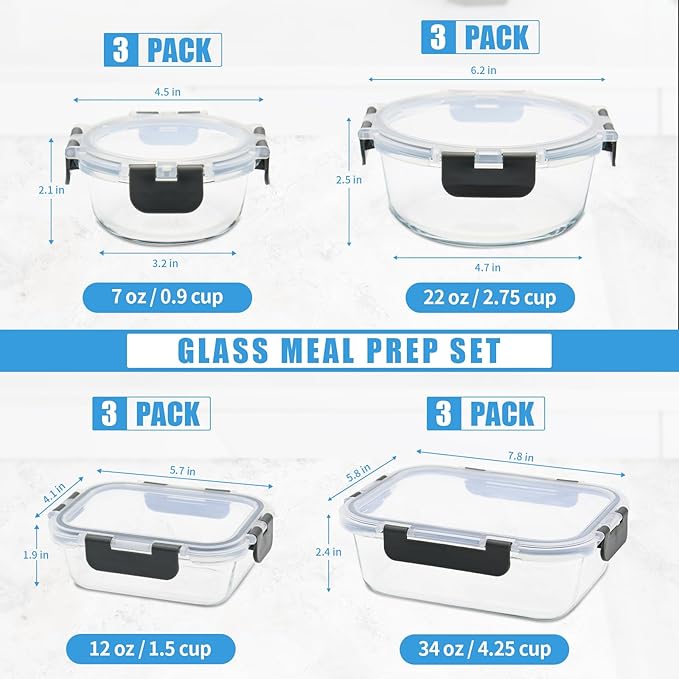 12 Pack Glass Food Storage Containers with Airtight Lids for Meal Prep, Leftover, BPA-Free, Leak-Proof, Freezer to Microwave Safe (12 Lids & 12 Containers)-FlexoryFit