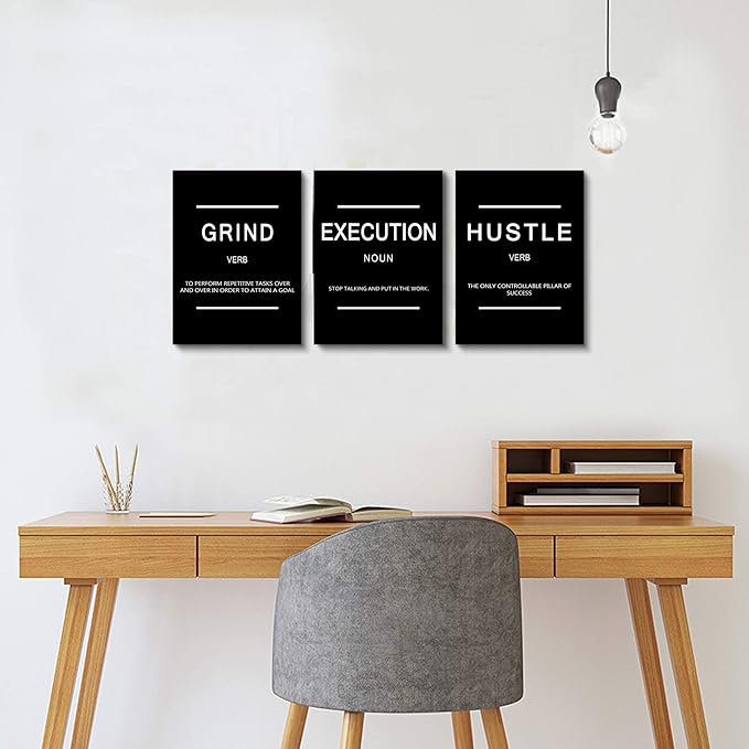 Framed Canvas Wall Art Success Quote, Office Wall Art, Black Large Poster, Positive Motivational Set of 3 Prints, Execute Failure Definition, Inspirational Print (B-3pcs,12x16inchx3pcs)-FlexoryFit