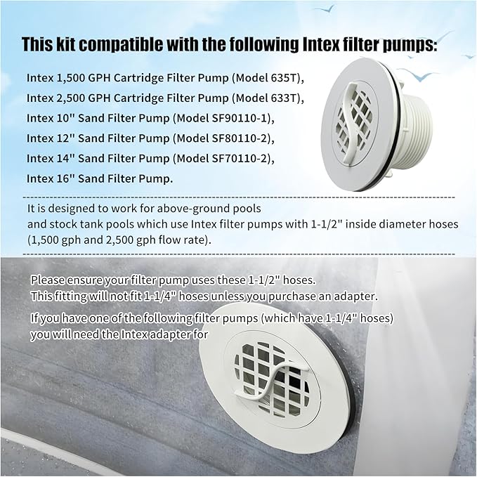 Threaded Inlet Strainer Kit Compatible with Intex Filter Pumps w/ 1-1/2" Hoses,Incl Rubber Washer and Strainer Nut,Inlet Strainer use for Stock Tank Pools & Above Ground Pool