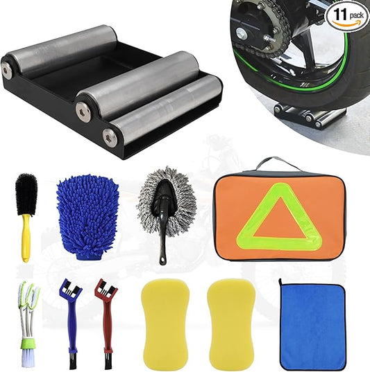 Motorcycle Wheel Cleaning Stand with Cleaning Brush Kit,Universal Roller Paddock for Dirt Street Bike Ebike for Tire Cleaning & Chain Lubrication(Bikes<500 lb & Tire Width<180 mm) (11PCS)