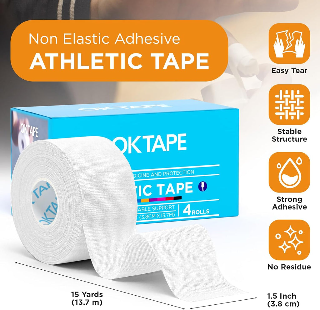 OK TAPE 4 Rolls White Athletic Tape, Sports Tape, Very Strong Easy Tear Wrist Ankle Tape, No Sticky Residue | Athletes, Medical, Athletic Trainers- 1.5inch x 15yards