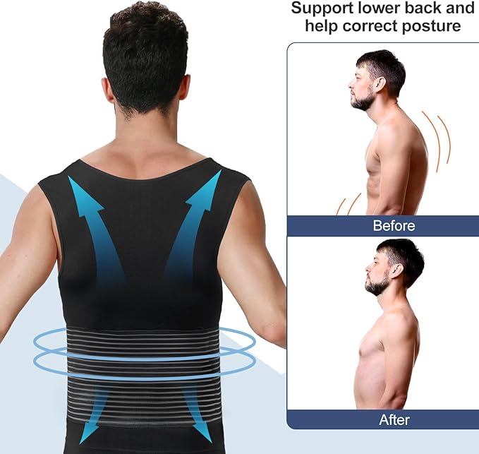 Odoland Men Body Shaper Compression Shirt, Adjustable Velcro Waist Trimmer Belt Intensity, Slimming Shapewear Tummy Control-FlexoryFit