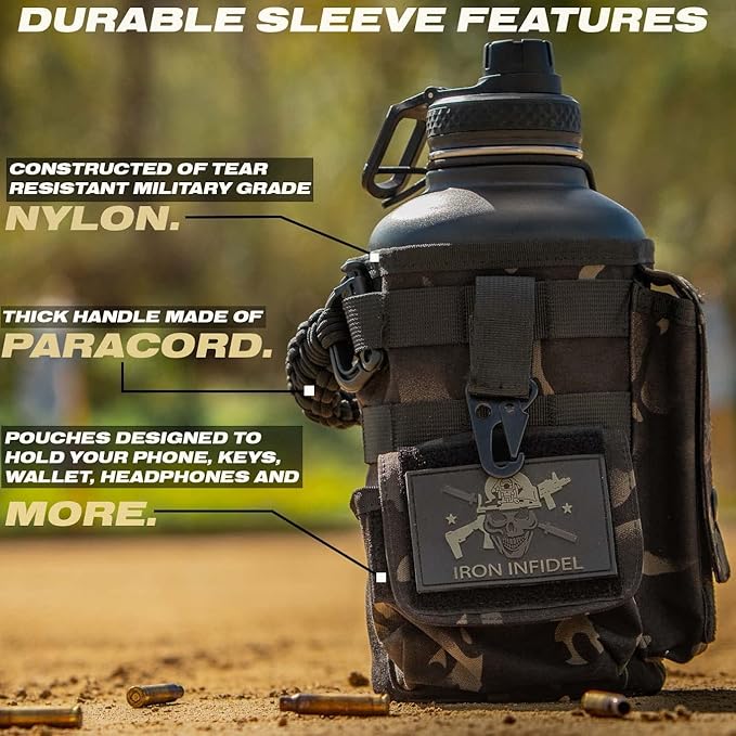 Iron Infidel Battle Bottle - Half Gallon Insulated Water Bottle with Paracord Handle - Large 64 oz Stainless Steel Water Jug & Rugged, Removable Sleeve For Keys, Wallet, Phone (Black Camo 2 Liter)-FlexoryFit