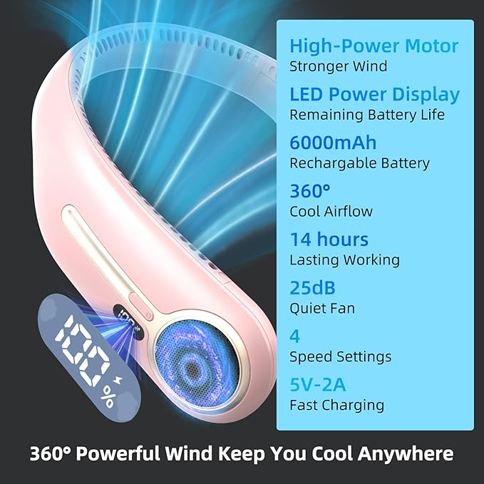 Portable Neck Fan,Hands Free Personal Wearable Bladeless Fan,6000mAh USB Rechargeable,360° Cooling,LED Display,4-Speeds,Birthday Gifts for Men Women Dad Mom,Outdoor Indoor Travel Camping (Pink)