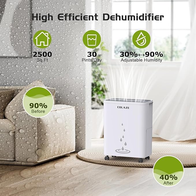 Dehumidifier for Home - 30 Pint Dehumidifier with Drain Hose Up to 2500 Sq. Ft Coverage - Ideal for Basement Bedroom Bathroom - Intelligent Humidity Control, Auto Defrost, 24H Timer