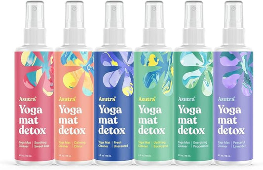 ASUTRA Yoga Mat Cleaner Spray Variety Pack (All Scents), 4 fl oz (Pack of 6) - No Slippery Residue, Organic Essential Oils, Deep-Cleansing for Fitness Gear & Gym Equipment, Microfiber Towels Included-FlexoryFit