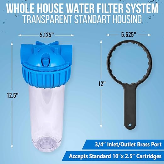 10 Inches Transparent Standard Whole House Water Filter System with Presser Relief Valve, 3/4” Inlet/Outlet Brass Port and Yearly Supply (4) Wound Spring Sediment Cartridges 5 Micron