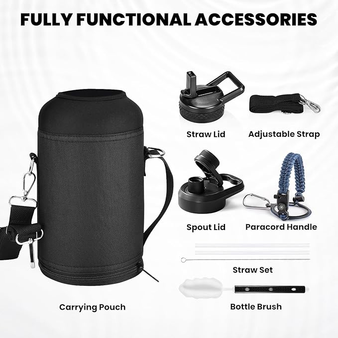 Insulated Water Bottle 64 oz, Triple Wall Vacuum Stainless Steel (Cold for 48 Hrs), Leak Proof & Non-BPA, Half Gallon Water Flask Jug with Paracord Handle & Straw Spout Lids, Navy Blue-FlexoryFit
