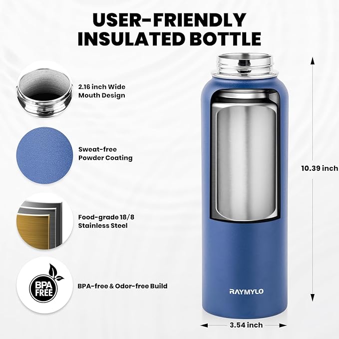 Insulated Water Bottle 40 oz, Triple Wall Vacuum Stainless Steel (Cold for 48 Hrs), Leak Proof & Non-BPA, Modern Water Flask Jug with Paracord Handle & Straw Spout Lids, Navy Blue-FlexoryFit