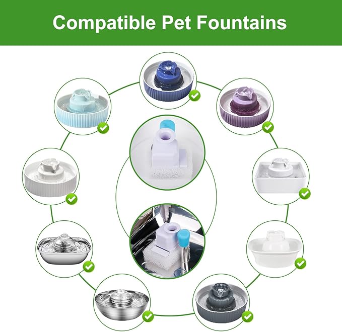 Pet Fountain Filters - 8 Carbon and 2 Foam Pre-Filters for Porcelain Pet Drinking Fountain (8 Packs)