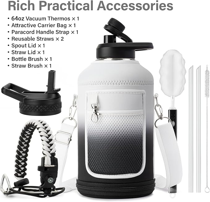 Insulated Water Bottle | Thickened Stainless Steel Vacuum Metal | Portable Sports Half Gallon Large Water Jug for Gym and Hiking with Straw, Carrier Bag, Handle Strap | BPA-Free 64 oz-FlexoryFit