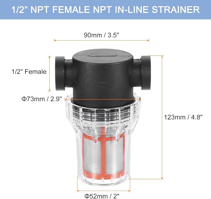 uxcell Pressure Washer Filter 1/2" NPT Female Thread, Inline Mesh Strainer Attachment, Stainless Steel Screen with Sealant Tape for Outdoor Gardening Inlet Water (Size:200 Mesh)