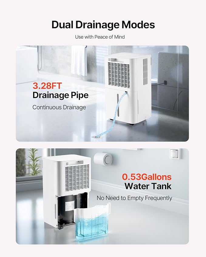 VEVOR 35 Pints Dehumidifier for Home & Basement, 2500 Sq.Ft Coverage, Drain Hose for Commercial & Industrial Use, Smart Humidity Control, Low Noise for Large Rooms, Warehouses, Bedrooms & Storage