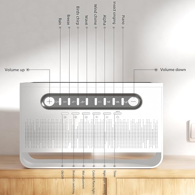 Speaker with 8 White Noise, 7 Colors Flame Diffuser Humidifer for Home Office, 8 White Noise Effect, Timing Essential Oil Diffusers Ideal Gift