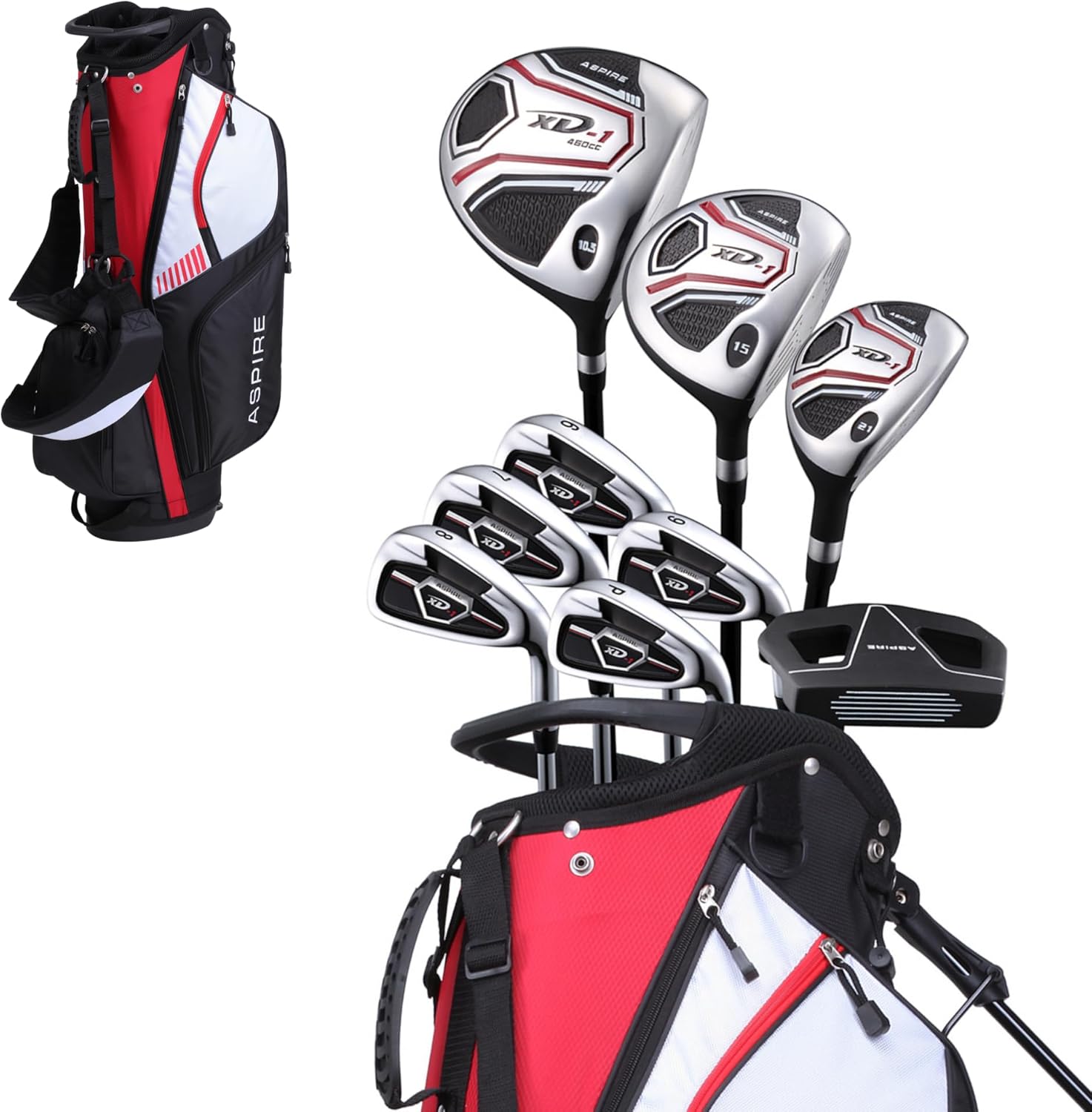 Aspire XD1 Men's Senior All Graphite Complete Golf Clubs Package Set Includes Titanium Driver, S.S. Fairway, S.S. Hybrid, S.S. 6-PW Irons, Putter, Stand Bag, 3 H/C's Right Hand