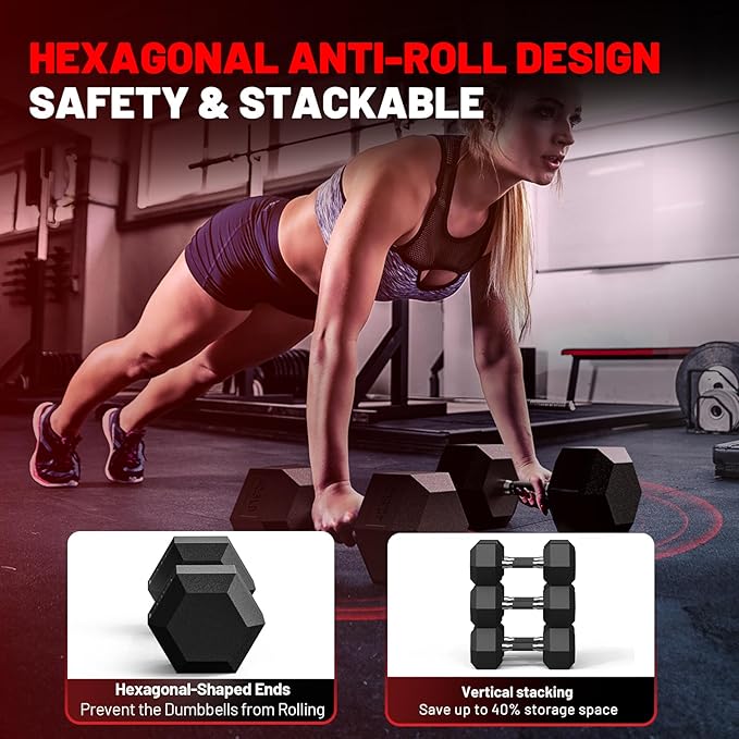 PAPABABE Hex Dumbbell Set 45-550 lb, Rubber Encased Home Gym Dumbbells, Weights Dumbbells for Women & Men, Hand Weight for Strength Training-FlexoryFit