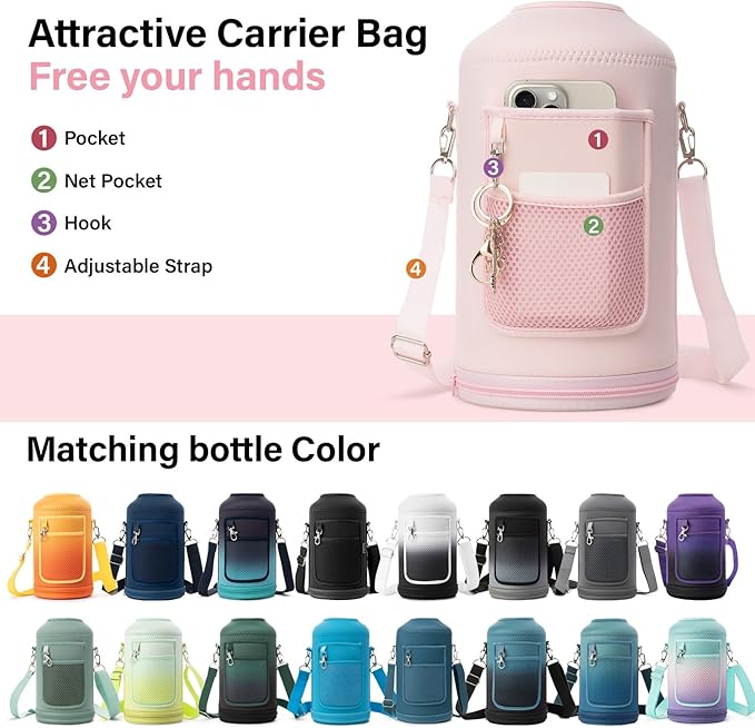 1 Gallon Water Bottle Insulated | Thickened Stainless Steel Vacuum Metal Water Jug | Portable Sports Large for Gym and Hiking with Straw, Carrier Bag, Handle Strap | BPA-Free 128 oz-FlexoryFit
