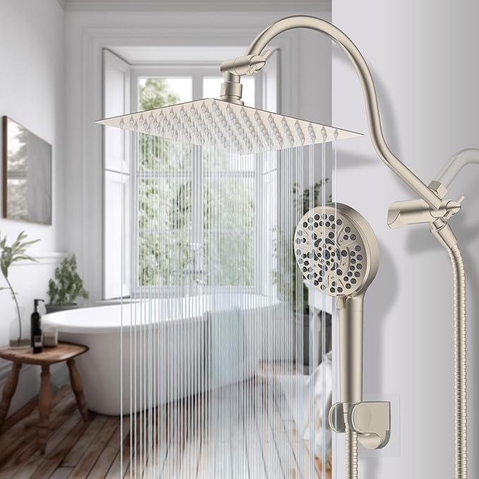 Hibbent All Metal Shower Head, 8'' High Pressure Rainfall Shower Head, Handheld Showerhead Combo with 12'' Adjustable Curved Extension Arm, 10-Spray, 71'' Hose, Showerhead Holder, Brushed Nickel