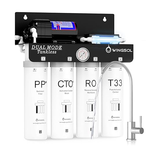 WINGSOL Reverse Osmosis Water Filter, 0 TDS UV Space-Saving Tankless RO System, 10-Layer Filtration Under Sink, NSF/ANSI 42&53&58 Certified, Easy-Change Filter, Plug-in Required