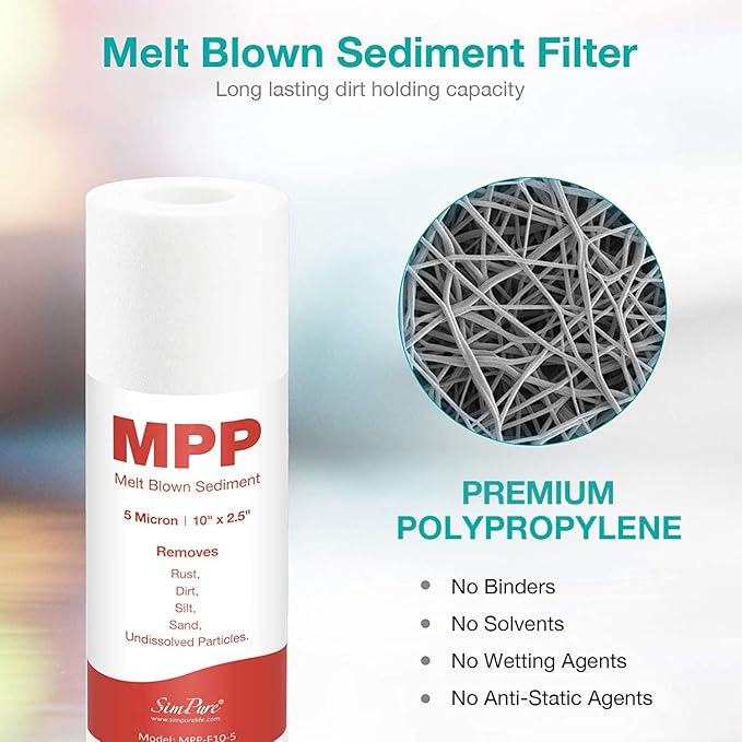 SimPure 5 Micron 10" x 2.5" Whole House Carbon Sediment Water Filter Cartridge Replacement for Home Under-Sink & Countertop Filtration System (Polypropylene, 24 Count)