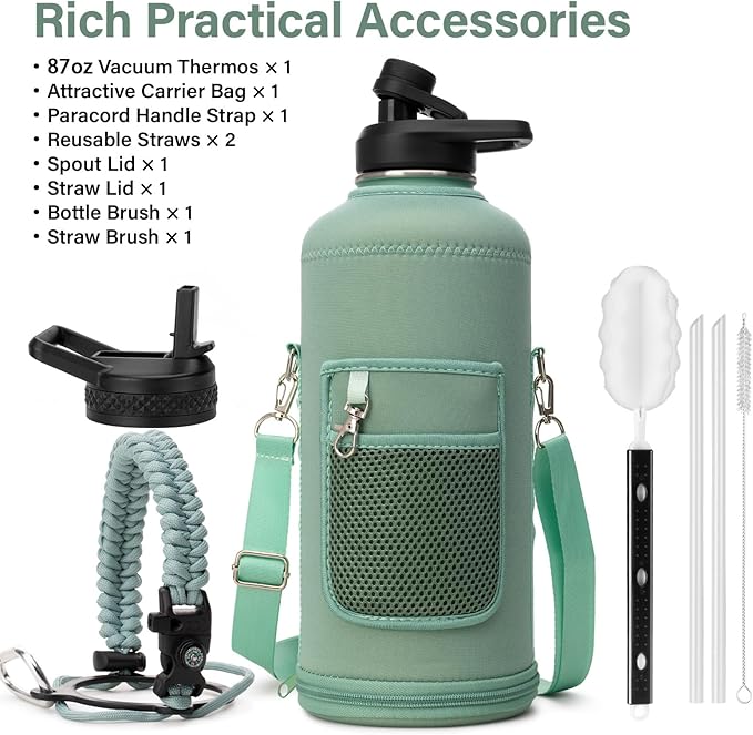 Insulated Water Bottle | Thickened Stainless Steel for Gym and Hiking with Straw, Carrier Bag, Handle Strap | BPA-Free 87 oz-FlexoryFit