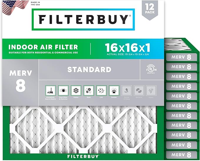 Filterbuy 16x16x1 Air Filter MERV 8 (MPR 700) Dust Defense Replacement (12-Pack), Electrostatic Pleated HVAC AC Furnace Filters, Made in USA (Actual Size: 15.75 x 15.75 x 0.75)