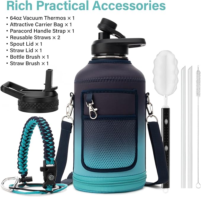 Insulated Water Bottle | Thickened Stainless Steel Vacuum Metal | Portable Sports Half Gallon Large Water Jug for Gym and Hiking with Straw, Carrier Bag, Handle Strap | BPA-Free 64 oz-FlexoryFit