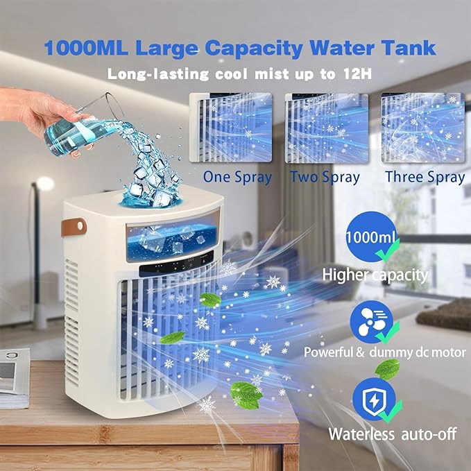 Portable Air Conditioners, air cooler, 1000ML Cooling fan Air Conditioner, 5 Wind Speed & 7 LED Light, 3 Cool Mist& 2/4/6 Timer, USB Cooling Fan for home office outdoor