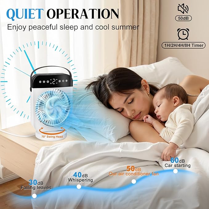 Portable Air Conditioner, Personal Mini Air Conditioner Cooling Fan with 5 Speeds, 70° Oscillation, Evaporative Air Cooler 1/2/4/8H Timer, 7 LED Night Light Portable AC for Car Camping Bedroom Office
