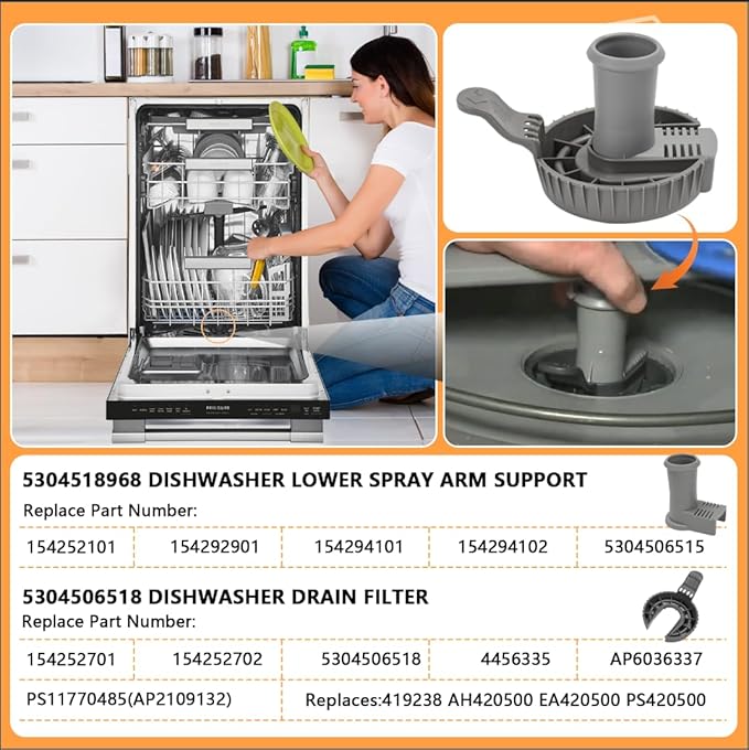 5304518968 Dishwasher Lower Spray Arm Support and 5304506518 Dishwasher Sewer Filter/Trap Drain Filter Replacement for Frigidaire Dishwashers Spray Arm Assembly Replaces 154252101,154292901,154294101