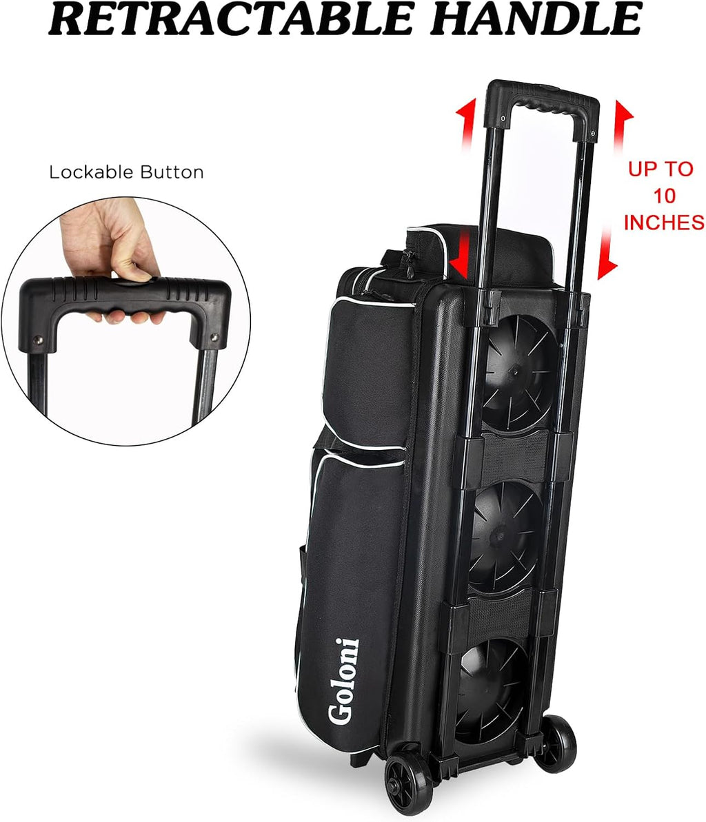 Goloni 3 Ball Bowling Bags with Wheels - Rolling Bowling Bag for 3 Balls & Accessories - Retractable Handle Extends to 38